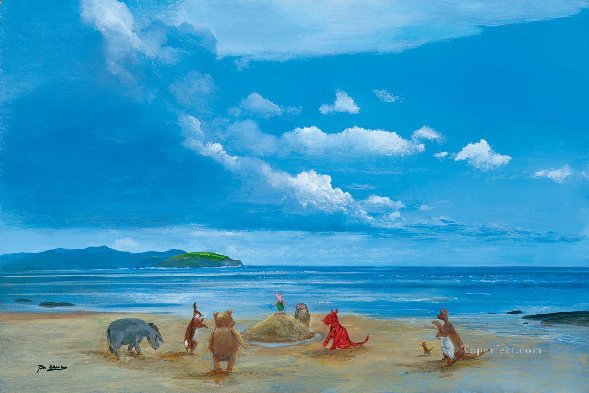 Ourson et amis au bord de la mer Animaux facétieux Peintures à l'huile